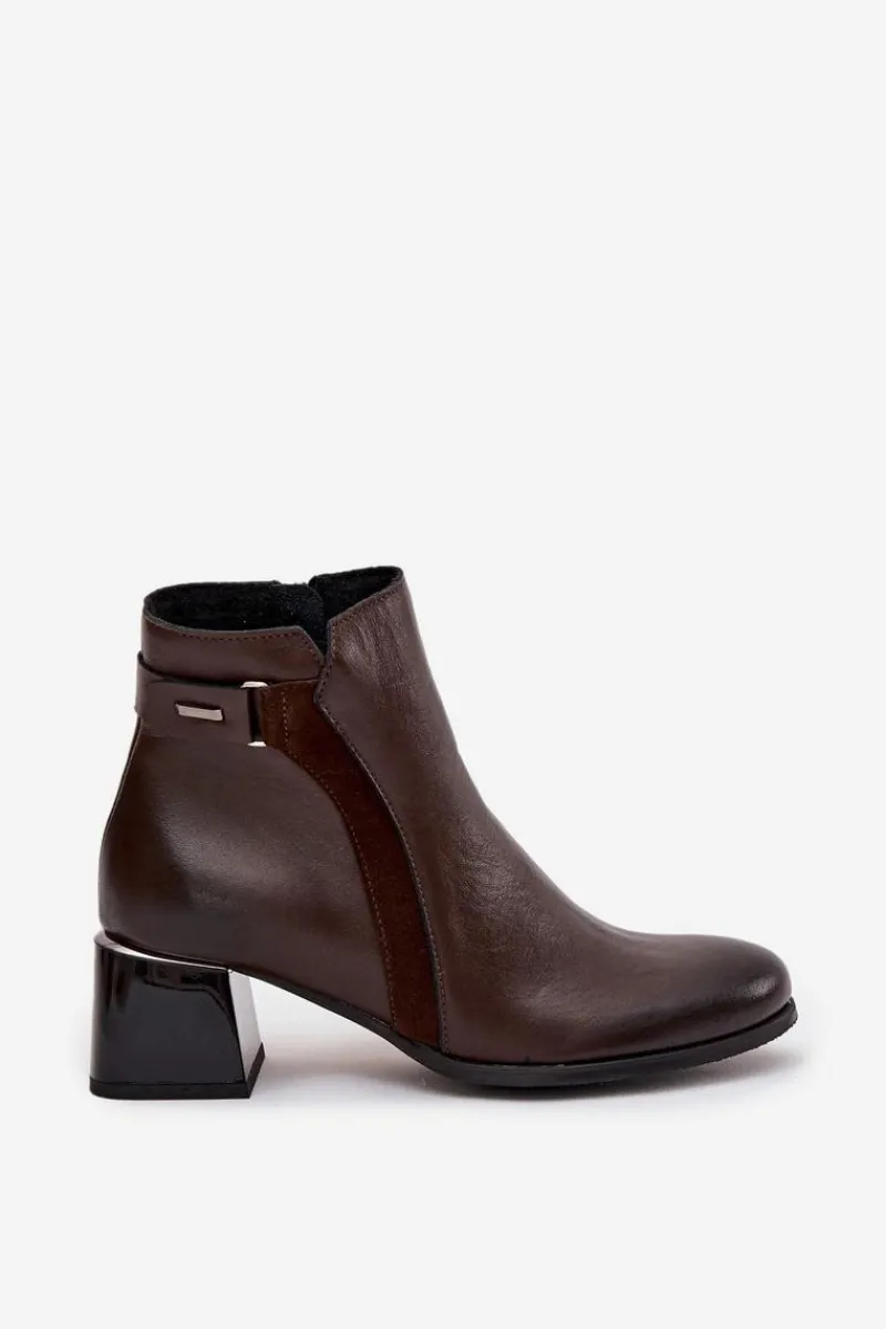Botki Ocieplane|Brązowe I Beżowe Botki>Zazoo Skórzane Botki Damskie Na Obcasie Ocieplane 60563 Czekoladowe Brązowy