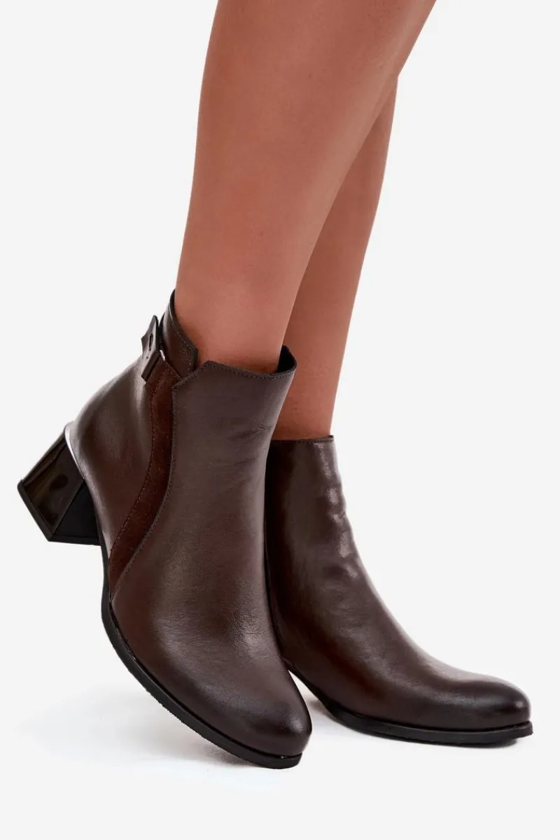 Botki Ocieplane|Brązowe I Beżowe Botki>Zazoo Skórzane Botki Damskie Na Obcasie Ocieplane 60563 Czekoladowe Brązowy