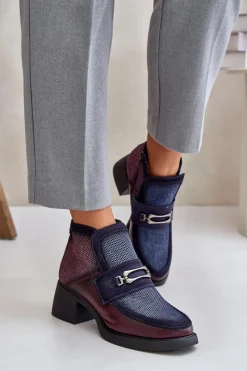 Botki Maciejka|Botki Skórzane>Maciejka Skórzane Botki Damskie Na Masywnym Obcasie Z Ozdobą 06747-23 Bordowo-Granatowe