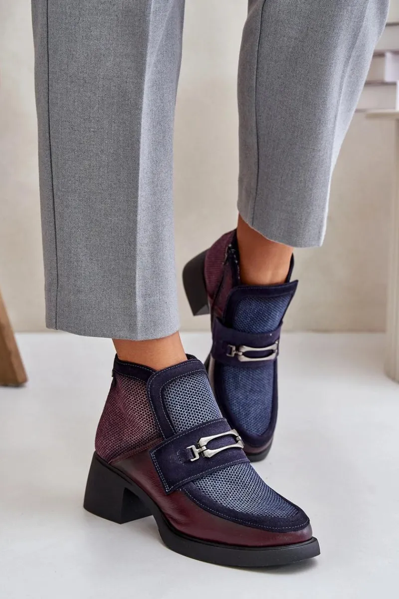 Botki Maciejka|Botki Skórzane>Maciejka Skórzane Botki Damskie Na Masywnym Obcasie Z Ozdobą 06747-23 Bordowo-Granatowe