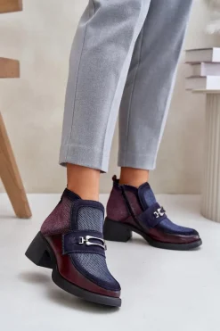 Botki Maciejka|Botki Skórzane>Maciejka Skórzane Botki Damskie Na Masywnym Obcasie Z Ozdobą 06747-23 Bordowo-Granatowe