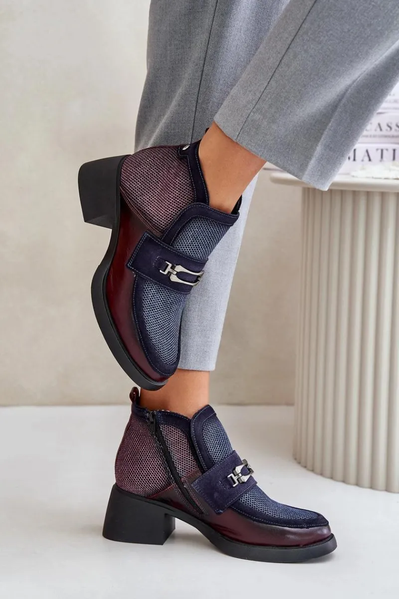 Botki Maciejka|Botki Skórzane>Maciejka Skórzane Botki Damskie Na Masywnym Obcasie Z Ozdobą 06747-23 Bordowo-Granatowe