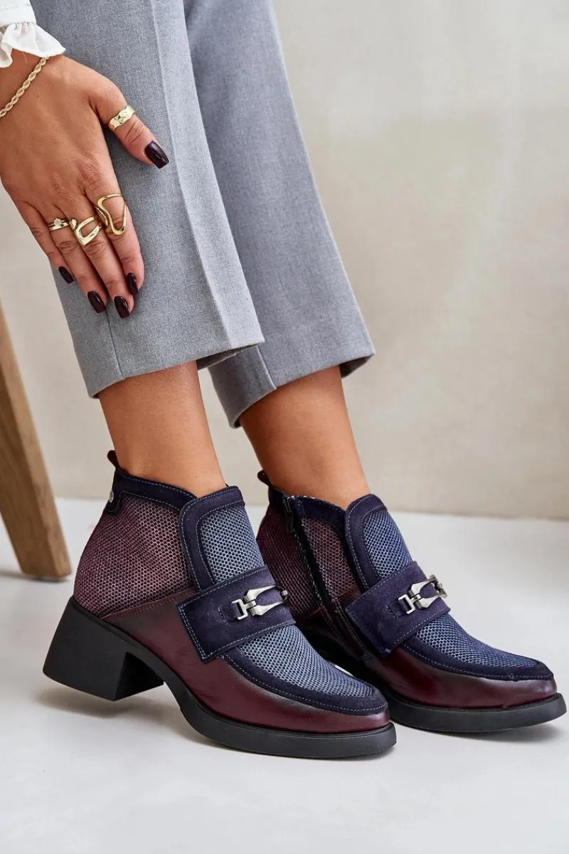 Botki Maciejka|Botki Skórzane>Maciejka Skórzane Botki Damskie Na Masywnym Obcasie Z Ozdobą 06747-23 Bordowo-Granatowe