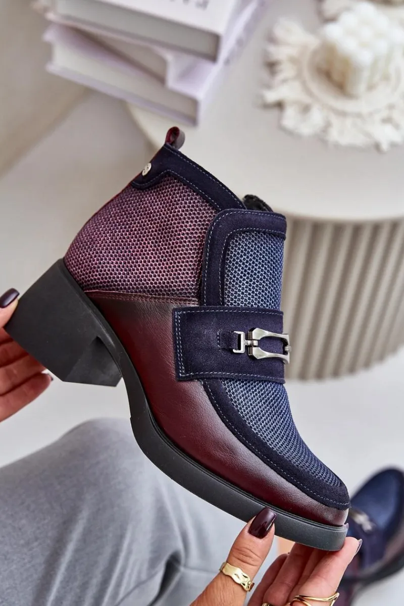 Botki Maciejka|Botki Skórzane>Maciejka Skórzane Botki Damskie Na Masywnym Obcasie Z Ozdobą 06747-23 Bordowo-Granatowe