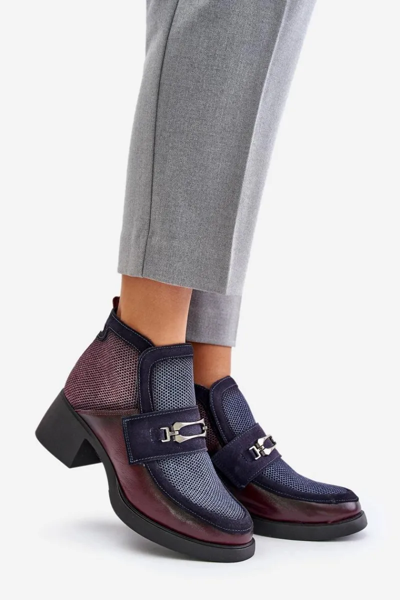 Botki Maciejka|Botki Skórzane>Maciejka Skórzane Botki Damskie Na Masywnym Obcasie Z Ozdobą 06747-23 Bordowo-Granatowe