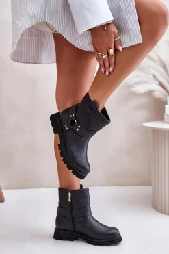 Outlet Boto Skórzane Botki Damskie Na Płaskim Obcasie Lewski 3610 Czarne Czarny