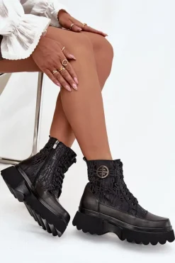 Sale Skórzane Botki Damskie Na Platformie Z Napisami I Ozdobnym Detalem 57C2273 Czarne Damskie Botki Ocieplane|Botki Sznurowane