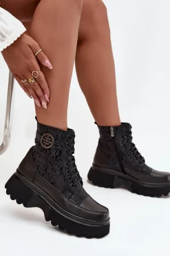 Sale Skórzane Botki Damskie Na Platformie Z Napisami I Ozdobnym Detalem 57C2273 Czarne Damskie Botki Ocieplane|Botki Sznurowane