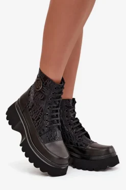Sale Skórzane Botki Damskie Na Platformie Z Napisami I Ozdobnym Detalem 57C2273 Czarne Damskie Botki Ocieplane|Botki Sznurowane