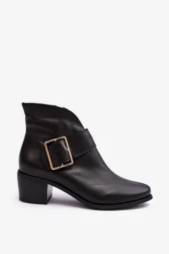 New Skórzane Botki Damskie Na Niskim Słupku Z Klamrą Czarne Liliane Damskie Botki Wiosenne|Botki Ocieplane