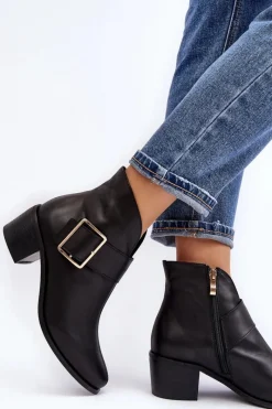 New Skórzane Botki Damskie Na Niskim Słupku Z Klamrą Czarne Liliane Damskie Botki Wiosenne|Botki Ocieplane