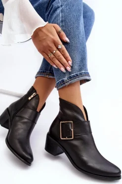 New Skórzane Botki Damskie Na Niskim Słupku Z Klamrą Czarne Liliane Damskie Botki Wiosenne|Botki Ocieplane