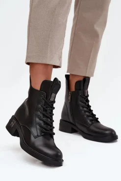 Sale Skórzane Botki Damskie Na Niskim Obcasie Vinceza 66818 Czarne Damskie Botki Ocieplane|Botki Sznurowane