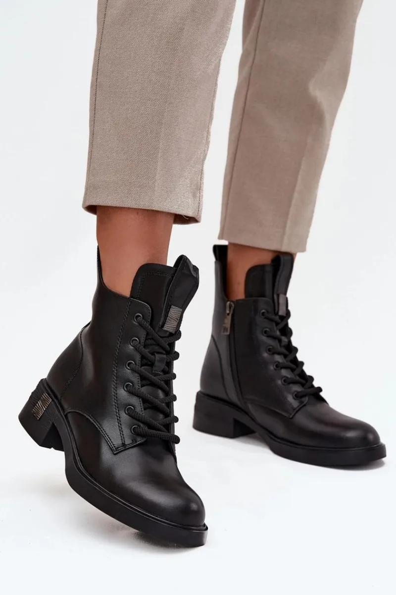 Sale Skórzane Botki Damskie Na Niskim Obcasie Vinceza 66818 Czarne Damskie Botki Ocieplane|Botki Sznurowane