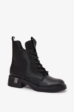 Sale Skórzane Botki Damskie Na Niskim Obcasie Vinceza 66818 Czarne Damskie Botki Ocieplane|Botki Sznurowane