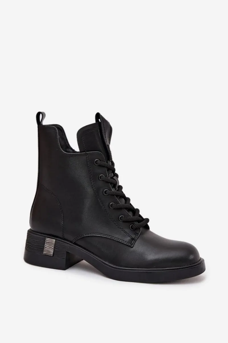 Sale Skórzane Botki Damskie Na Niskim Obcasie Vinceza 66818 Czarne Damskie Botki Ocieplane|Botki Sznurowane