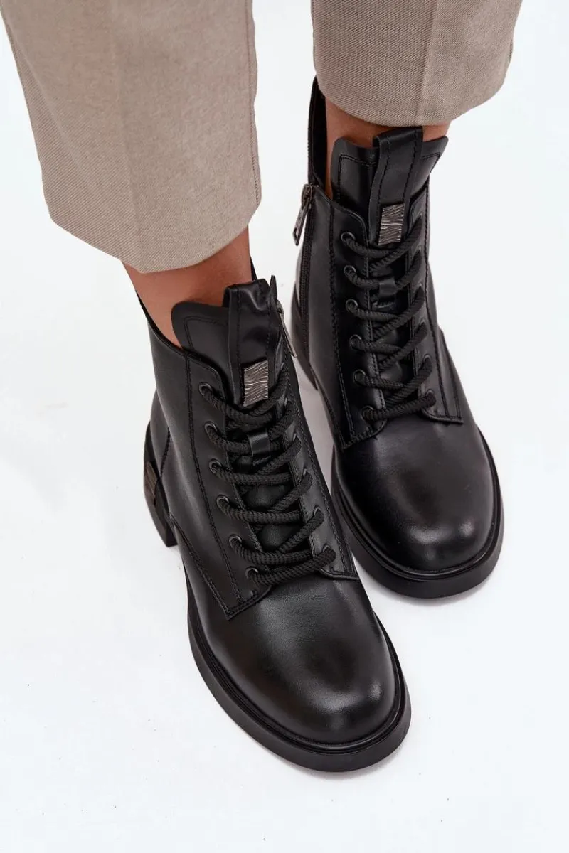 Sale Skórzane Botki Damskie Na Niskim Obcasie Vinceza 66818 Czarne Damskie Botki Ocieplane|Botki Sznurowane