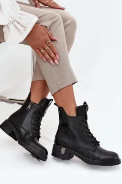 Sale Skórzane Botki Damskie Na Niskim Obcasie Vinceza 66818 Czarne Damskie Botki Ocieplane|Botki Sznurowane