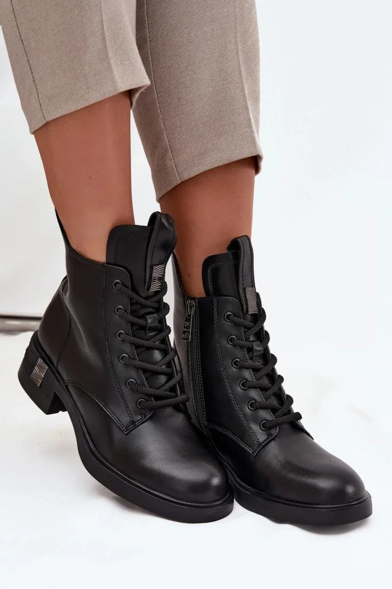Sale Skórzane Botki Damskie Na Niskim Obcasie Vinceza 66818 Czarne Damskie Botki Ocieplane|Botki Sznurowane