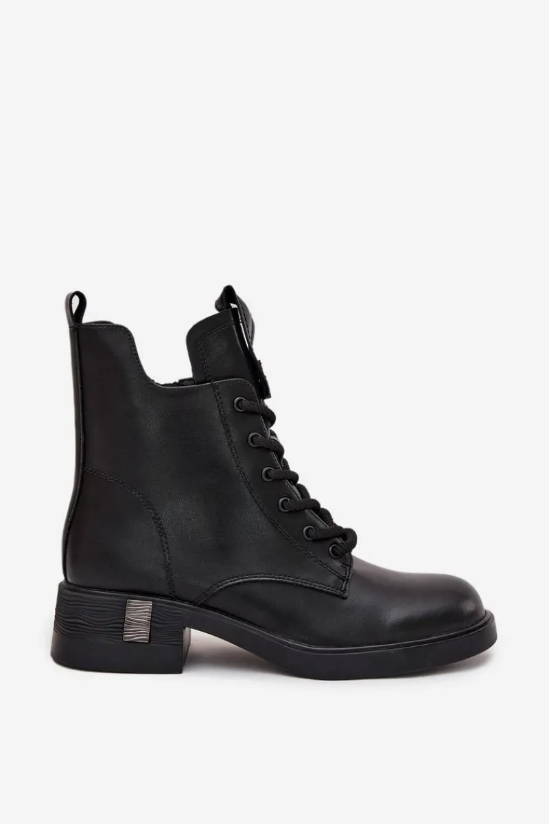 Sale Skórzane Botki Damskie Na Niskim Obcasie Vinceza 66818 Czarne Damskie Botki Ocieplane|Botki Sznurowane