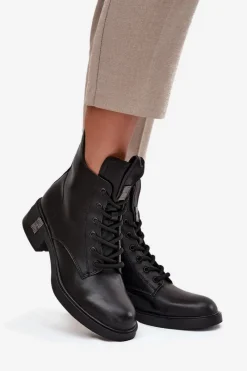 Sale Skórzane Botki Damskie Na Niskim Obcasie Vinceza 66818 Czarne Damskie Botki Ocieplane|Botki Sznurowane