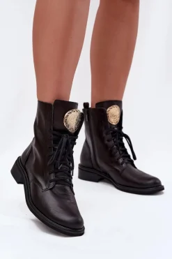 Clearance Zazoo Skórzane Botki Damskie Na Płaskim Obcasie Ze Złotym Detalem 3084 Czarne Czarny