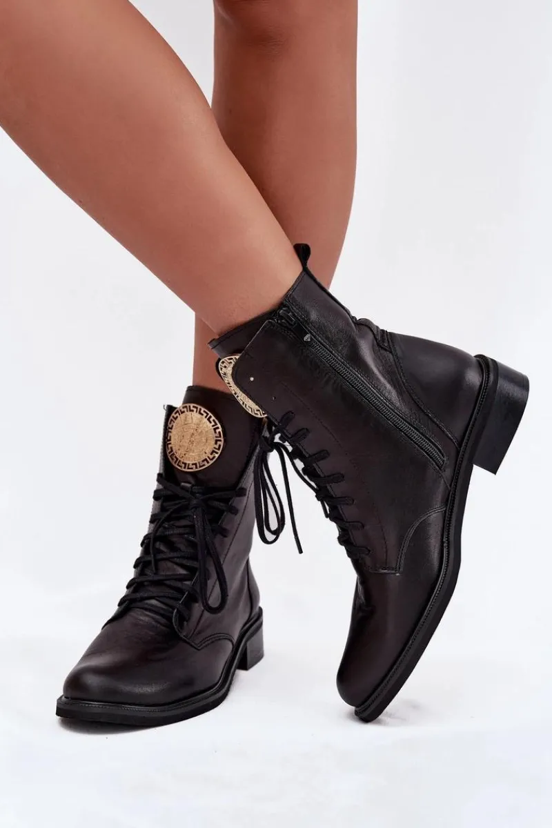 Clearance Zazoo Skórzane Botki Damskie Na Płaskim Obcasie Ze Złotym Detalem 3084 Czarne Czarny