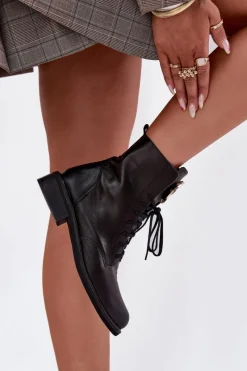 Clearance Zazoo Skórzane Botki Damskie Na Płaskim Obcasie Ze Złotym Detalem 3084 Czarne Czarny