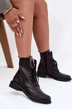 Clearance Zazoo Skórzane Botki Damskie Na Płaskim Obcasie Ze Złotym Detalem 3084 Czarne Czarny