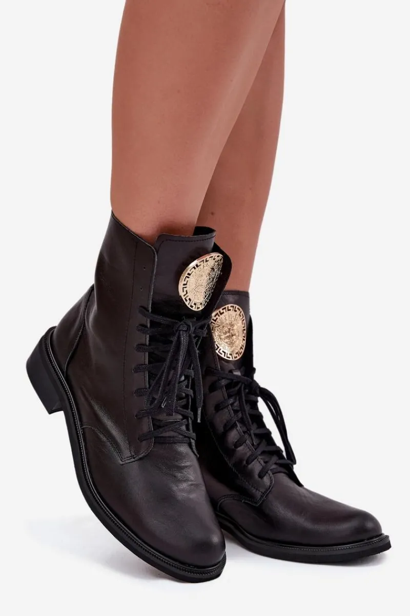 Clearance Zazoo Skórzane Botki Damskie Na Płaskim Obcasie Ze Złotym Detalem 3084 Czarne Czarny
