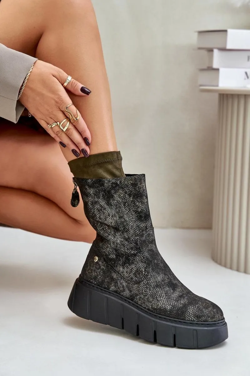 Botki Maciejka|Botki Na Koturnie>Maciejka Skórzane Botki Damskie Na Masywnej Platformie 06766-09 Khaki