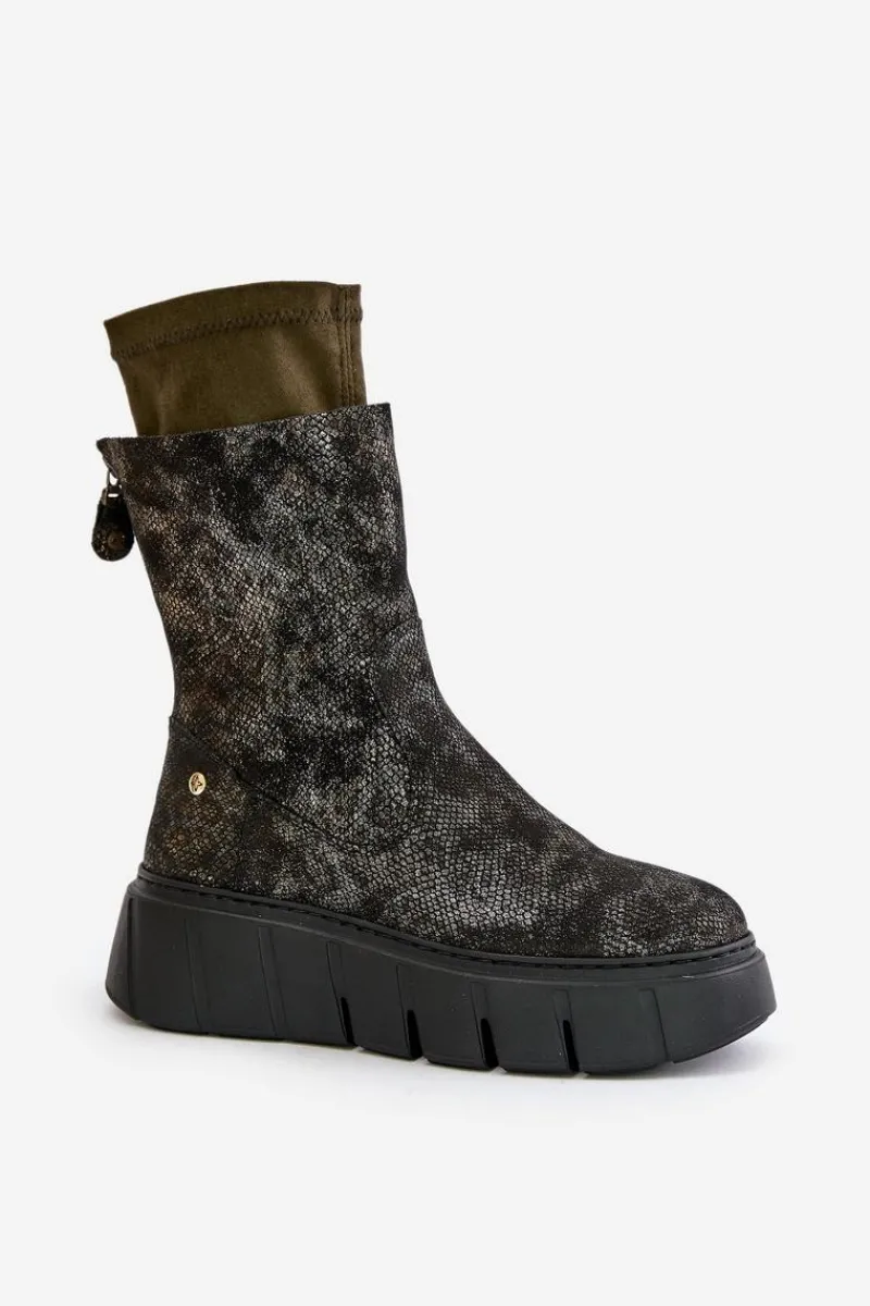 Botki Maciejka|Botki Na Koturnie>Maciejka Skórzane Botki Damskie Na Masywnej Platformie 06766-09 Khaki