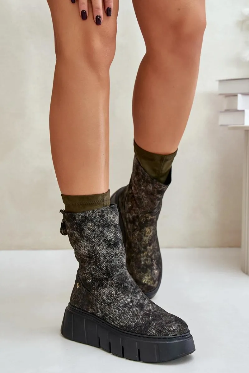 Botki Maciejka|Botki Na Koturnie>Maciejka Skórzane Botki Damskie Na Masywnej Platformie 06766-09 Khaki