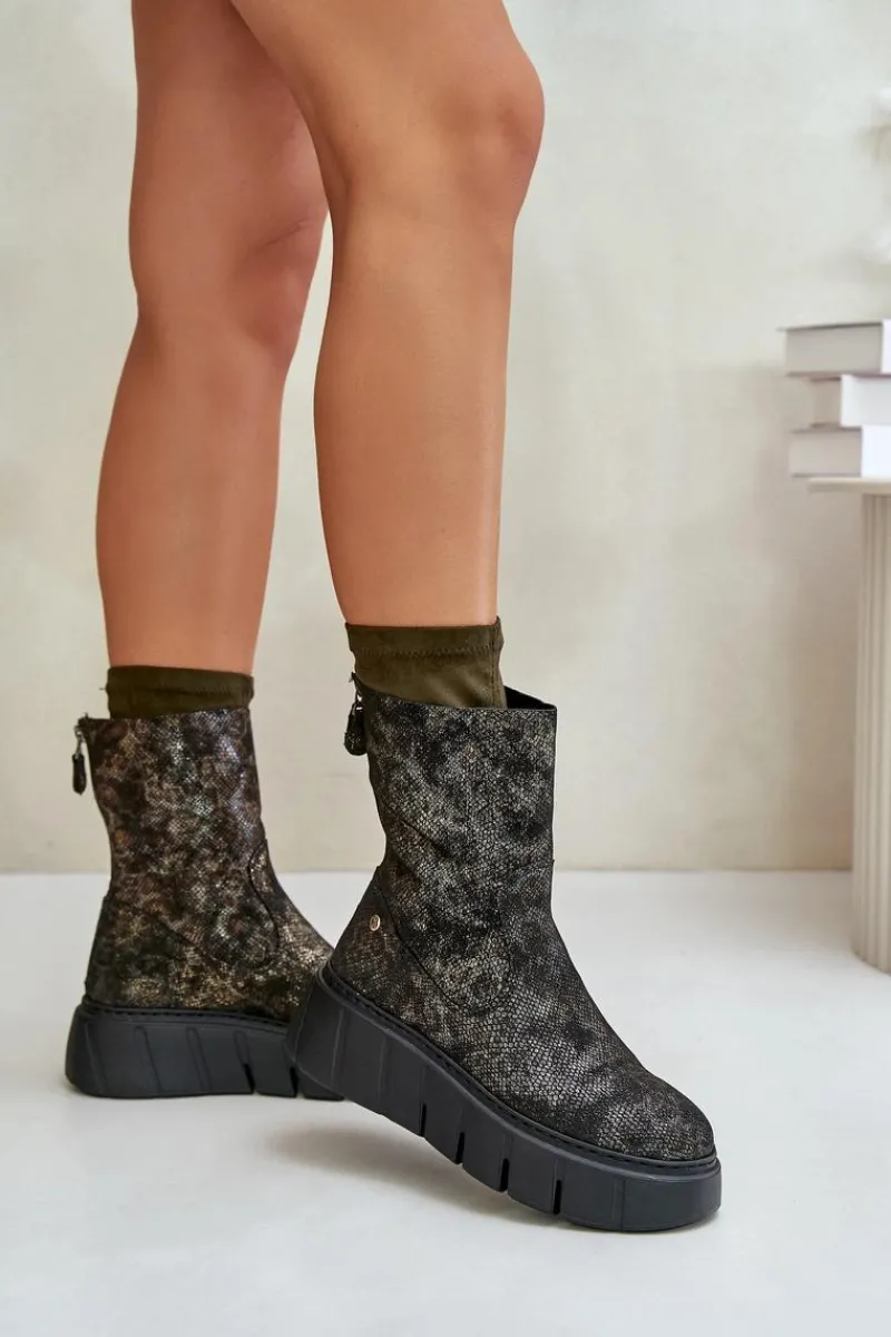 Botki Maciejka|Botki Na Koturnie>Maciejka Skórzane Botki Damskie Na Masywnej Platformie 06766-09 Khaki