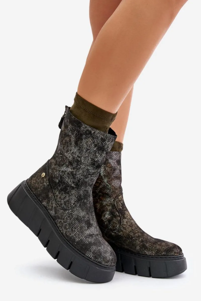 Botki Maciejka|Botki Na Koturnie>Maciejka Skórzane Botki Damskie Na Masywnej Platformie 06766-09 Khaki