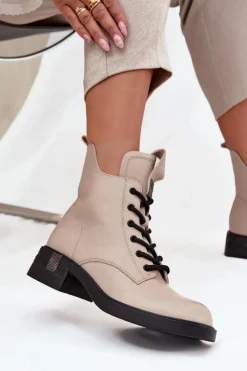 New Buty damskie Vinceza Skórzane Botki Damskie Na Niskim Obcasie Vinceza 66818 Beżowe Beżowy