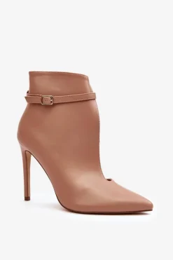 Botki Na Obcasie>Boto Skórzane Botki Damskie Na Szpilce Beżowe Amalundi