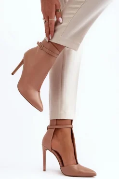 Botki Na Obcasie>Boto Skórzane Botki Damskie Na Szpilce Beżowe Amalundi