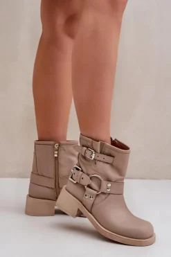 Botki Na Obcasie>Zazoo Skórzane Botki Damskie Na Niskim Obcasie Klocku Z Paskami 3644 Beżowe Beżowy