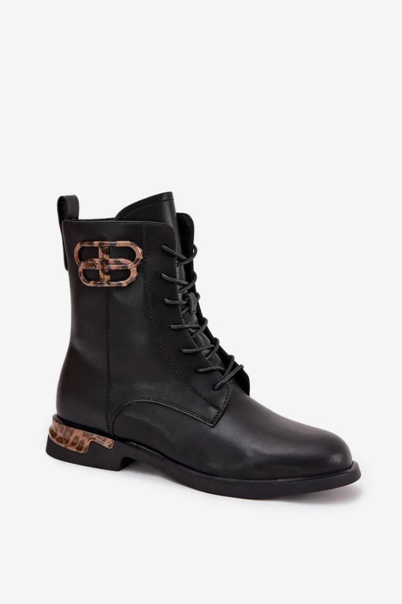 Botki Ocieplane|Botki Skórzane>Artiker Skórzane Botki Damskie Na Płaskim Obcasie Z Ozdobą Ocieplane 57C1064 Czarne