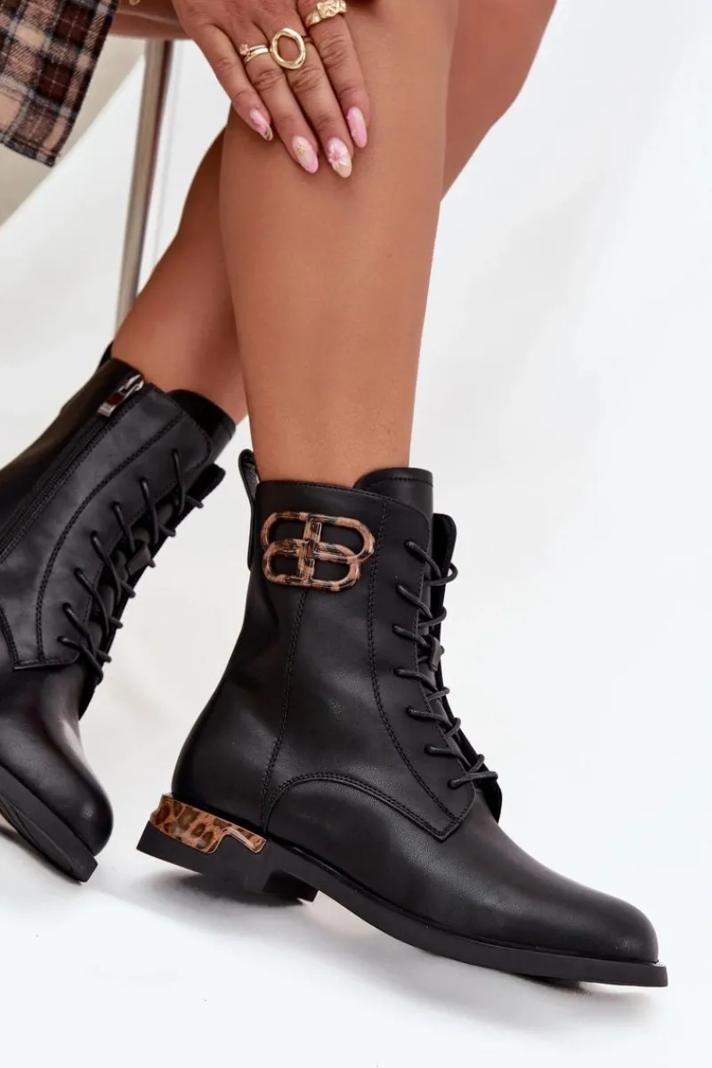 Botki Ocieplane|Botki Skórzane>Artiker Skórzane Botki Damskie Na Płaskim Obcasie Z Ozdobą Ocieplane 57C1064 Czarne