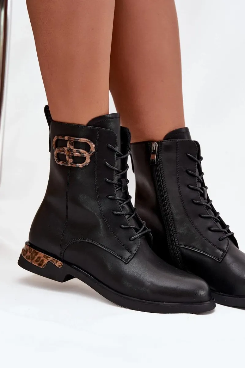 Botki Ocieplane|Botki Skórzane>Artiker Skórzane Botki Damskie Na Płaskim Obcasie Z Ozdobą Ocieplane 57C1064 Czarne