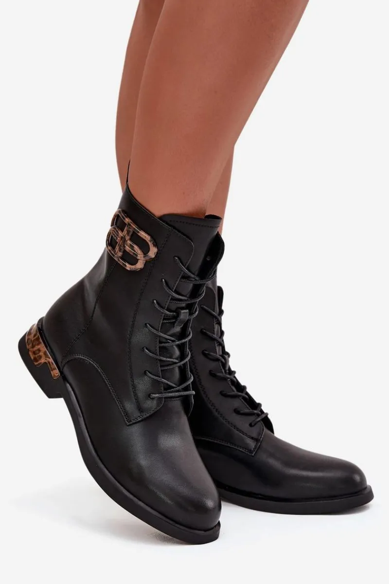 Botki Ocieplane|Botki Skórzane>Artiker Skórzane Botki Damskie Na Płaskim Obcasie Z Ozdobą Ocieplane 57C1064 Czarne