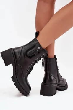 Discount Skórzane Botki Damskie Na Klocku Ocieplane Vinceza 86418 Czarne Damskie Botki Ocieplane|Botki Sznurowane