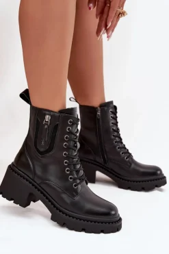 Discount Skórzane Botki Damskie Na Klocku Ocieplane Vinceza 86418 Czarne Damskie Botki Ocieplane|Botki Sznurowane