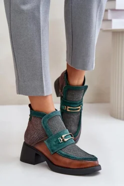 New Skórzane Botki Damskie Na Masywnym Obcasie Z Ozdobą A6747-29 Brązowo-Zielone Damskie Botki Ocieplane|Botki Maciejka