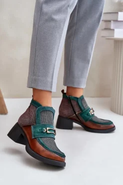 New Skórzane Botki Damskie Na Masywnym Obcasie Z Ozdobą A6747-29 Brązowo-Zielone Damskie Botki Ocieplane|Botki Maciejka