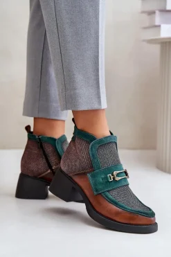 New Skórzane Botki Damskie Na Masywnym Obcasie Z Ozdobą A6747-29 Brązowo-Zielone Damskie Botki Ocieplane|Botki Maciejka