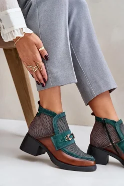 New Skórzane Botki Damskie Na Masywnym Obcasie Z Ozdobą A6747-29 Brązowo-Zielone Damskie Botki Ocieplane|Botki Maciejka