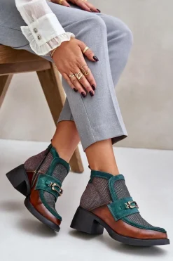 New Skórzane Botki Damskie Na Masywnym Obcasie Z Ozdobą A6747-29 Brązowo-Zielone Damskie Botki Ocieplane|Botki Maciejka